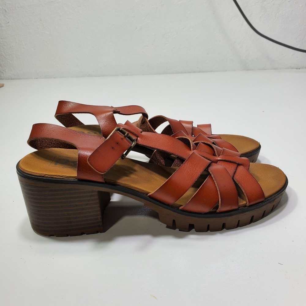 POP Comfort Fit Sandals Block Heel Chunky Strappy Leather Cognac Size 10M Women